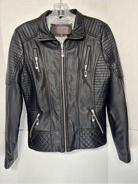 YMI Women’s Black Quilted Faux Leather Moto Jacket Faux Fur Lining Fall Coat